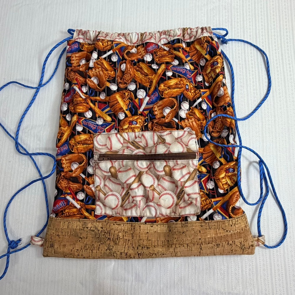 Handmade‎ Womens Baseball Mom Print Drawstring Backpack Cork Detail Sporty Game